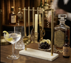 Gold PVD Coated Stainless Steel Bar <b>Tools</b> Set Cork & Bottle Opener Strainer Jigger Tong Stirrer Hanging Perfect Set of Drinkware - Product Image 1