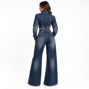 Conjunto de Dos Piezas de Mezclilla Azul Oscuro para Mujer, Chaqueta Corta y Pantalones Anchos, Ropa de Moda Urbana Personalizada al por Mayor - Product Image 2