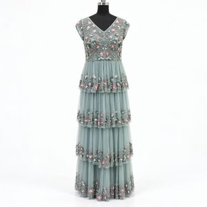 Elegant Dusty Sage Blue Floral Embellished Tiered Evening <b>Gown</b> | V Neck Cap Sleeve Beaded Sequin Tulle A Line <b>Floor</b> <b>Length</b> Dress - Product Image 1