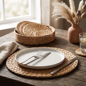 Ensemble de sets de table et sous-verres ronds tressés en jacinthe d'eau, écologiques et de luxe, avec panier de rangement pour salle à manger domestique - Product Image 6