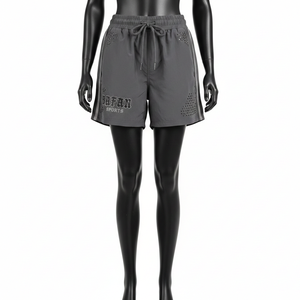 กางเกงว่ายน้ำผู้หญิง 120 GSM แห้งเร็ว ผลิตจากโพลีเอสเตอร์ผสมสแปนเด็กซ์ สีเทา ด้านข้างตัดด้วยเลเซอร์ ประดับคริสตัล โลโก้แบบรีดร้อน - Product Image 1