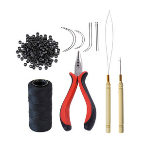 Kit d'extension capillaire avec micro-anneaux doublés de silicone, pinces à cheveux à trois trous, fil à coudre, aiguille à boucle et tire-fil - Product Image 1