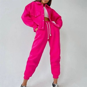 Ensemble de survêtement léger en coton rose uni pour femme, 2 pièces, veste décontractée à manches longues boutonnée et pantalon à cordon de serrage, coupe ample, automne - Product Image 1
