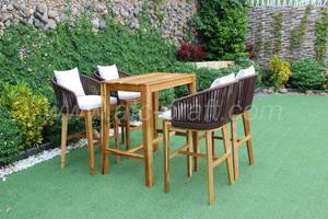Contemporary Teak Wood Bar <b>Stool</b> With Rattan Back And Cream <b>Cushion</b> For Outdoor Use - Product Image 4