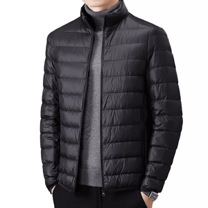 Men's Black Hooded Puffer <b>Jacket</b> Slim Fit Waterproof Windproof Reversible Winter Casual Zipper Closure Polyester Wadding Coat - Product Image 1