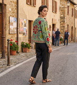 Chemisier en velours de coton brodé à la main avec motif floral, col mandarin, manches longues, doublure courte, pour femme - Product Image 3