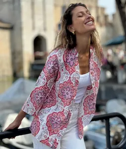 Women’s Boho Chic White Floral Cotton Shirt Pink <b>Red</b> Print Long Sleeve Soft Fabric Summer Casual <b>Blouse</b> - Product Image 3