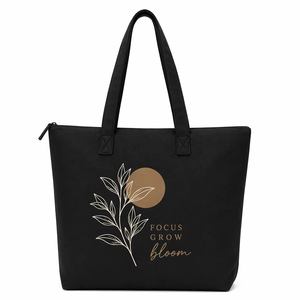 AMANI 300gsm Black <b>Canvas</b> <b>Tote</b> Bag Leaf Graphic 20x18 Inches Large Capacity Zipper Reusable Shopping Bag Heavy Duty Custom logo - Product Image 1