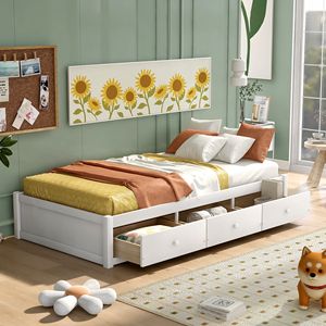 Letto a piattaforma singolo bianco con 3 cassetti per bambini - Product Image 1