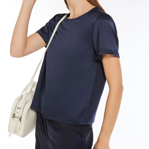 Women's <b>Navy</b> Blue Short Sleeve O-Neck T-Shirt Regular Fit Knitted Polyester Casual <b>Top</b> All Seasons Solid Color Breathable - Product Image 6