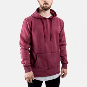 Sweat à capuche en molleton bordeaux délavé vintage pour homme, personnalisable avec cordon de serrage, couleur unie, style décontracté, vente en gros - Product Image 4