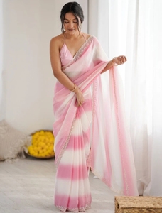 Sari de Seda Satinada Bordado y Adornado Estilo Bollywood para Mujer, Marca KV, Sin Arrugas, con Blusa Sin Coser (Rosa), para Bodas/Fiestas - Product Image 6