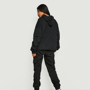 Ensemble deux pièces personnalisable pour femme, grande taille, en polaire à capuche, style streetwear sportif, respirant, antibactérien, 100 % coton, hiver, couleur unie - Product Image 2