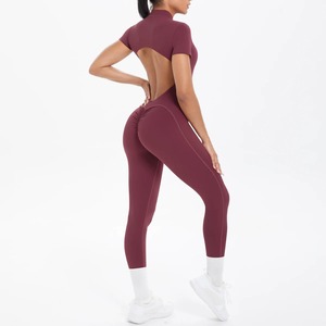 Mono de fitness de manga corta para mujer, body sin espalda de color liso con efecto fruncido, traje de una pieza con media cremallera, conjuntos de gimnasio y yoga para mujer - Product Image 4