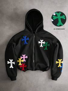 Sudadera con capucha para hombre de chenilla con parche cruzado, negra, de mezcla de algodón y forro polar, con cremallera completa, logotipo personalizado, oversize, multicolor, estilo streetwear, fabricante - Product Image 3
