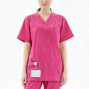 Pink Women's V-Neck <b>Scrub</b> Top Short Sleeve With Pockets Hospital Uniform Woven Cotton Polyester Blend - Product Image 1