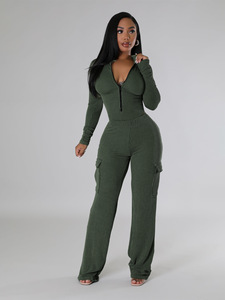 Combinaison rayée longue pour femme avec fermeture éclair et poches latérales, tenue décontractée grande taille, idéale pour le printemps - Product Image 4