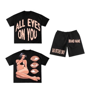 280 GSM Cotton Polyester Women T Shirt Short <b>Set</b> Black Puff Print DTG Custom Logo Streetwear 100% Cotton T shirt & Short <b>Set</b> - Product Image 5