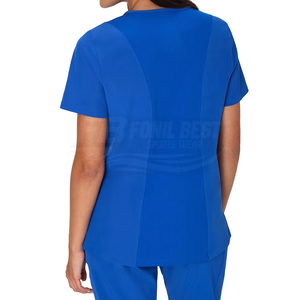Blouses médicales pour femmes à manches courtes, bleues, col en V, avec poches, en polyester tissé, uniformes d'hôpital, service OEM - Product Image 2