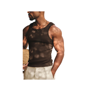 Men's Solid Color Knitted Tank <b>Top</b> O-Neck Casual Style Brown Cotton Sleeveless <b>Top</b> - Product Image 5