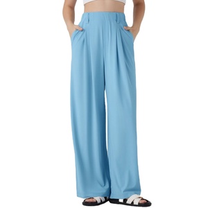 Pantalones de Pierna Ancha de Cintura Alta para Mujer, Color Sólido, Plisados, Corte Holgado, Largos, Tela Crepé, Estilo Casual de Verano, Cintura Elástica - Product Image 1