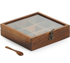 <b>Wood</b> Masala Spice <b>Box</b> 9 Compartments With Carved Lid 5 Compartments Handcrafted Herbal Storage Container - Product Image 3