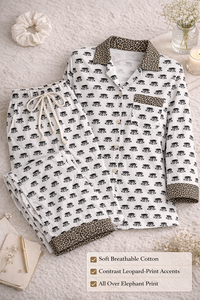 Women Crepe Silk Pajama Set Elephant Print Nightwear Long Sleeve Shirt Pants With Pockets Matching Bag Lounge Wear - Product Image 2