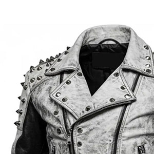 Rhinestones <b>Men's</b> Black Varsity <b>Jacket</b> Genuine Leather Sleeves <b>White</b> Trim Collar Regular Fit Casual Winter Waterproof Reversible - Product Image 4
