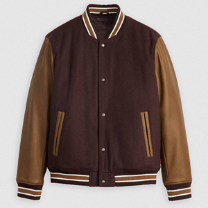 Men's <b>Maroon</b> Varsity Jacket With Brown PU Leather Sleeves Zipper Front Casual Bomber <b>Coat</b> Autumn Wear - Product Image 5