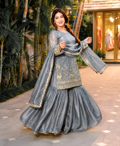 Pure Fendy Silk Sequence Embroidery Kurti Set With Lined Sharara Pant And Lace Border Matching Dupatta For Women QO 1065 - Product Image 4