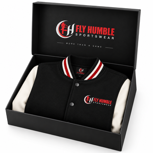 <b>Fly</b> Humble <b>Men's</b> Varsity <b>Jacket</b> Black White Red Stripe Sleeve Logo Patch Style Turn-down Collar Single Button wholesale - Product Image 3