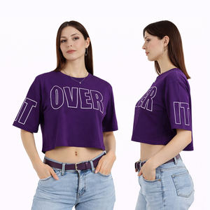 T-shirt court personnalisé pour femme, violet, à manches courtes, style streetwear décontracté - Product Image 2