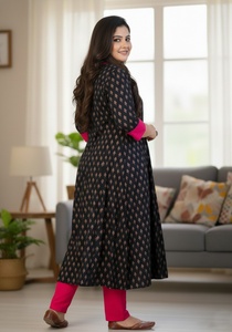 Kurti Anarkali con Cuello Mandarín y Estampado Floral, Negro, de Rayón, con Mangas Tres Cuartos, para Mujer, Talla Grande, Estilo Étnico - Product Image 6