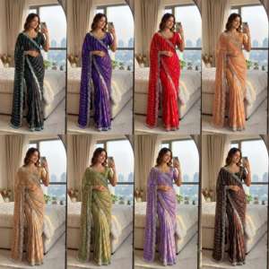 Sari traditionnel indien pour mariage et festival, en satin, avec broderies de paillettes et de fils, tenue ethnique indienne, sari de fête - Product Image 3