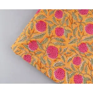 Hand Block Print Running Sewing Fabric Scarves Decorative Fabric Floral Mustard & Pink cotton fabric