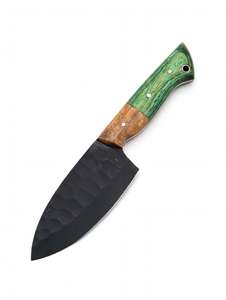 Couteau de chef artisanal en acier noir, manche en bois vert bicolore, outil de préparation culinaire - Product Image 2