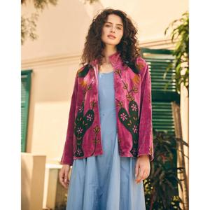 <b>Womens</b> Magenta Knitted <b>Embroidered</b> Quilted Thick Eco-Friendly <b>Jacket</b> Mandarin Collar Long Sleeve Floral Prairie Chic Autumn - Product Image 2