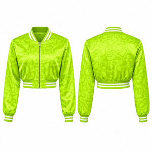 <b>Green</b> Embossed Pattern Varsity Jacket Full Sleeve Turn-down Collar Zipper Closure Women's Autumn Wear - Product Image 1