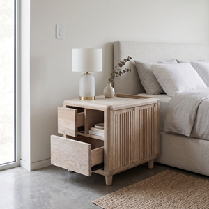 Wood Grain <b>Oak</b> Nightstand with 2 Drawers Modern Design Fluted Side <b>Table</b> Storage <b>Bedside</b> Cabinet for Bedroom Living Room - Product Image 3