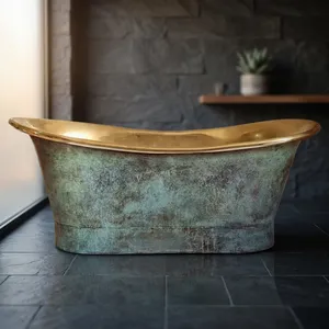 Bañera de latón de base recta con acabado exterior en pátina y interior en latón pulido, bañera independiente hecha a mano, estilo vintage de lujo - Product Image 3