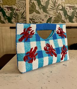 Bolso Rectangular Lavable de Algodón con Cuentas de Vidrio Bordadas a Mano, Diseño a Cuadros Azul y Blanco con Patrón de Cangrejo Rojo, ALI FASHION ART - Product Image 4