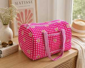 VEER HANDIRCRAFTS QB-006 Quilted Floral Polyester <b>Duffel</b> <b>Bag</b> Large Capacity Travel Weekender Cotton Zipper Outdoor Portable - Product Image 1