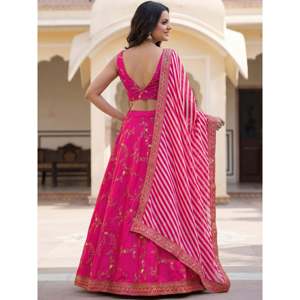 Pink Embroidered Silk Lehenga Choli for <b>Wedding</b> - Product Image 3