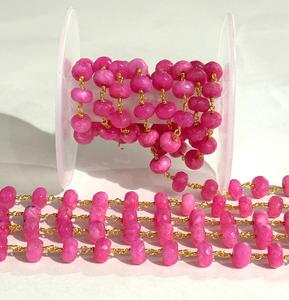 8mm Natural Pink Gemstone Beaded Chain Gold Plated Wire Wrapped Rosary Chain Jewelry Making DIY Supplies - Product Image 2
