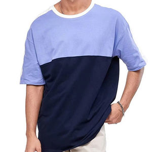 T-shirt Homme Col Rond Manches Courtes Coupe Oversize Décontracté Tricoté Design Uni Bloc de Couleurs Bordure Contrastante Bleu Marine 2026 100% Coton - Product Image 1