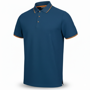 Camisa de Hombre de Alta Calidad, Personalizada, Tejida, Azul Marino, de Algodón, con Ribete Naranja en el Cuello y Puños, Transpirable, de Manga Corta - Product Image 3