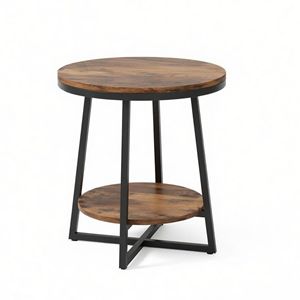 2-Tier Rustic Industrial Round <b>End</b> <b>Table</b> with <b>Storage</b> Shelf Accent Nightstand for Living Room Bedroom - Product Image 3