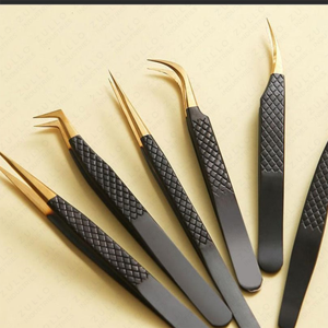 Premium Black Gold Stainless Steel Eyelash Tweezers Pointed Tip Lash Extension <b>Tools</b> OEM Private Label - Product Image 2