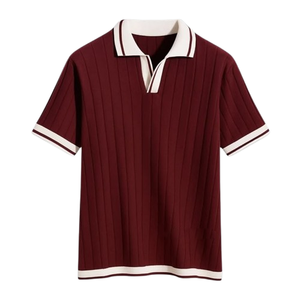 เสื้อโปโลแขนสั้นถักสำหรับผู้ชาย สีกรมท่า แต่งขอบตัดกัน ทรงปกติ สไตล์ลำลอง สีพื้น ดีไซน์คอวี - Product Image 2