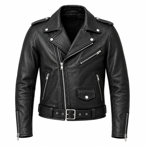 Veste de motard en cuir véritable noir pour homme avec fermeture éclair asymétrique, col rond, logo sur le devant en toile, ceinture à la taille et poches zippées - Product Image 1
